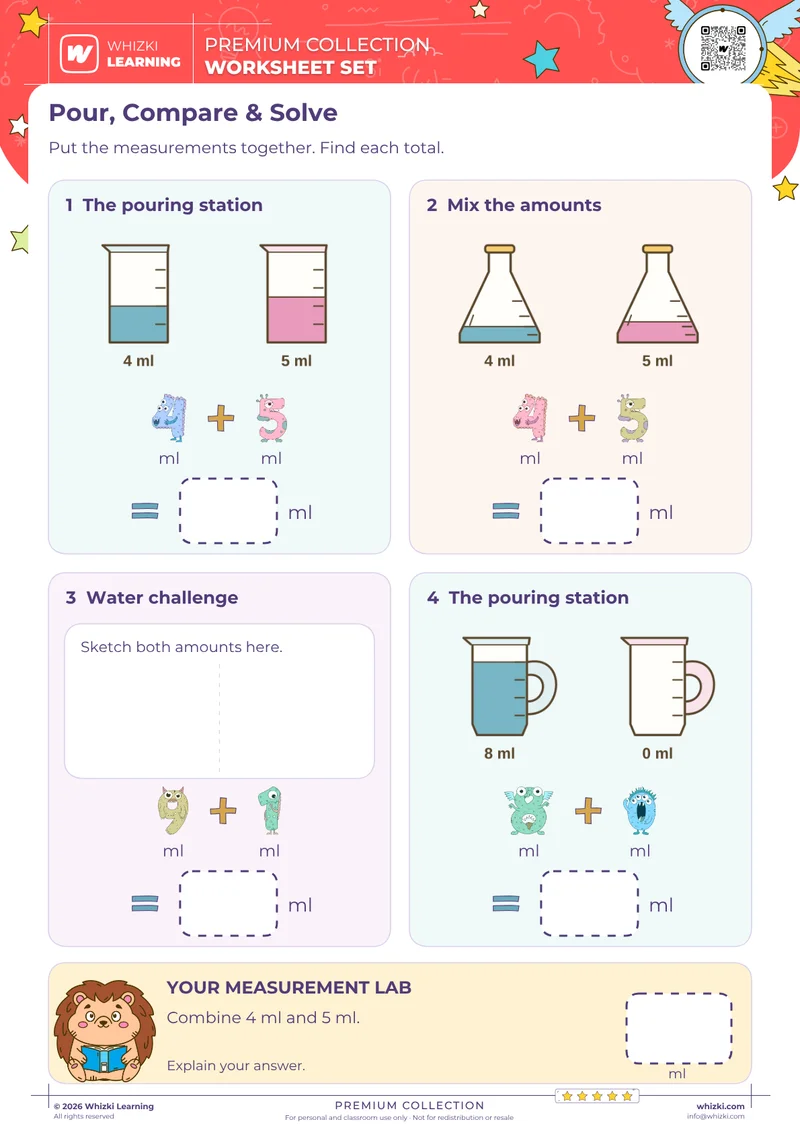 Add Liquid Volume in Milliliters Worksheet