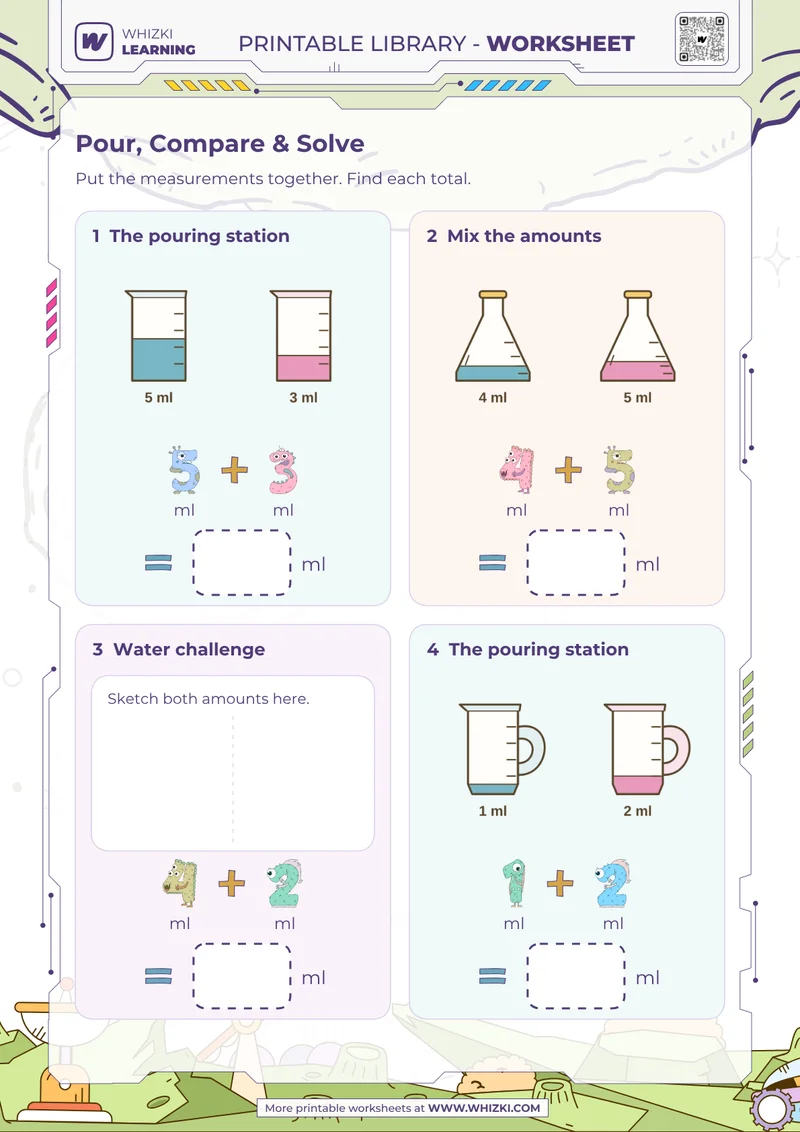 Milliliter Addition and Comparison Worksheet