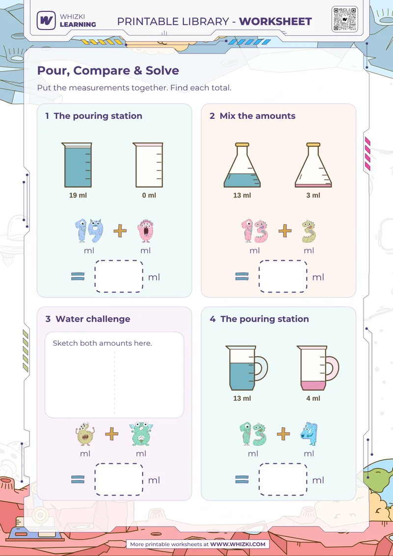 Milliliter Addition Measurement Worksheet