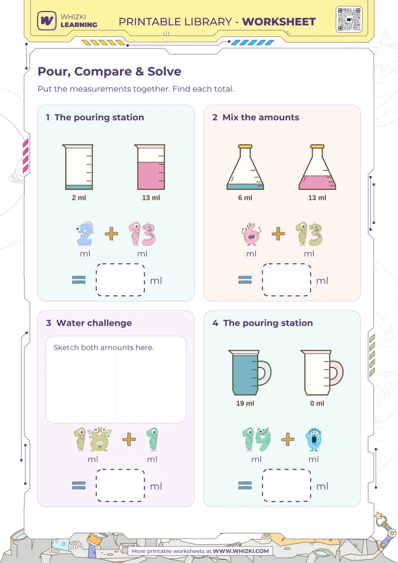 Milliliter Addition Measurement Worksheet
