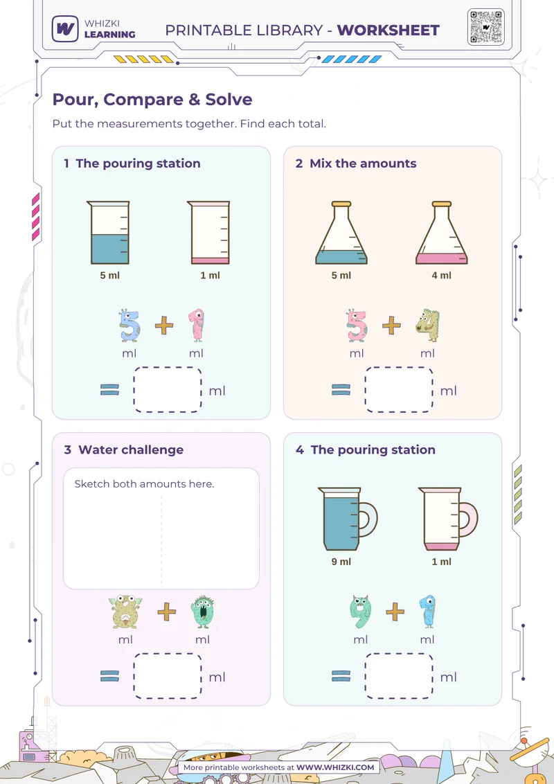 Milliliter Addition Measurement Worksheet