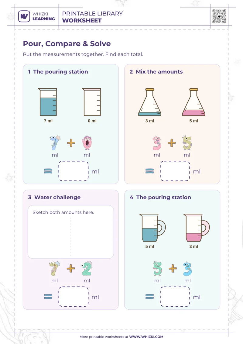 Milliliter Addition Measurement Worksheet