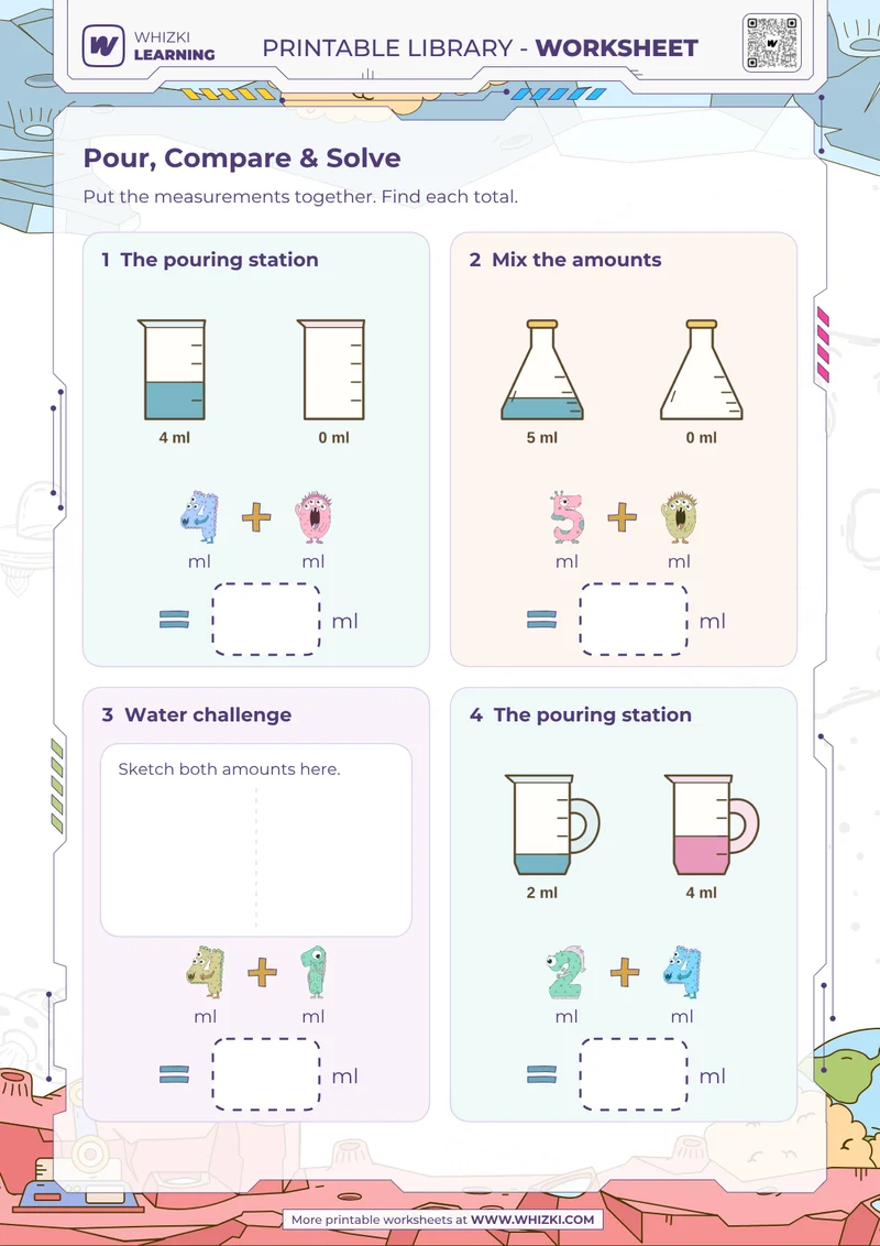 Milliliter Addition Measurement Worksheet
