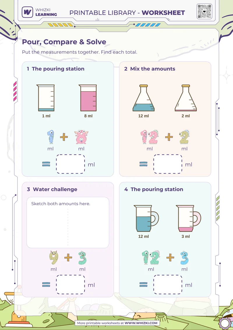 Milliliter Addition Measurement Worksheet