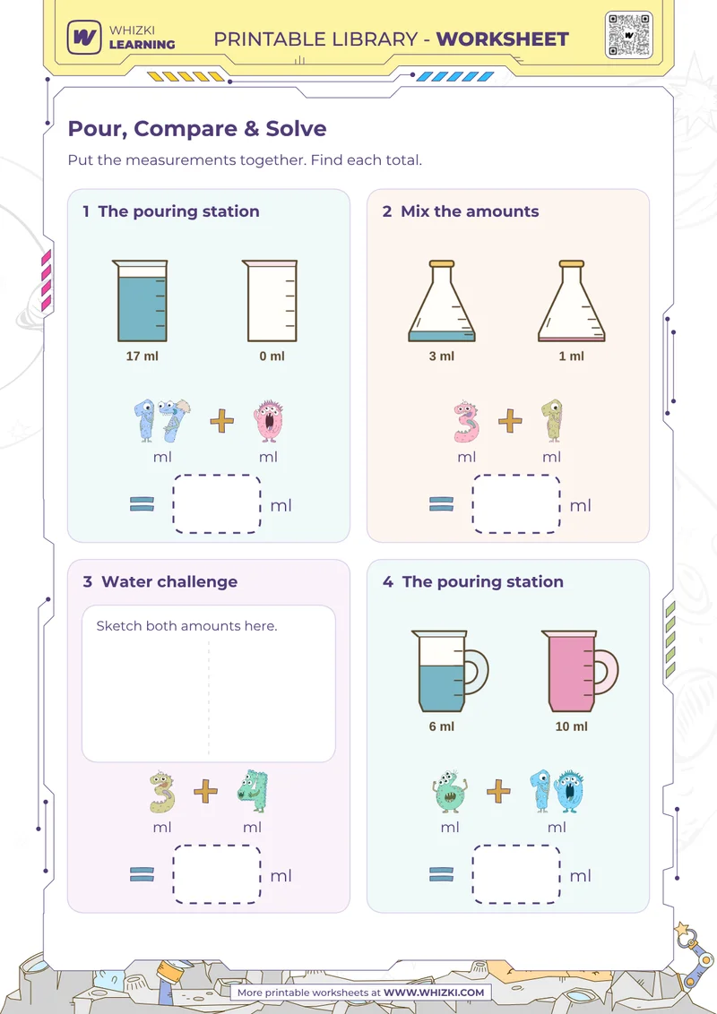 Milliliter Addition Measurement Worksheet