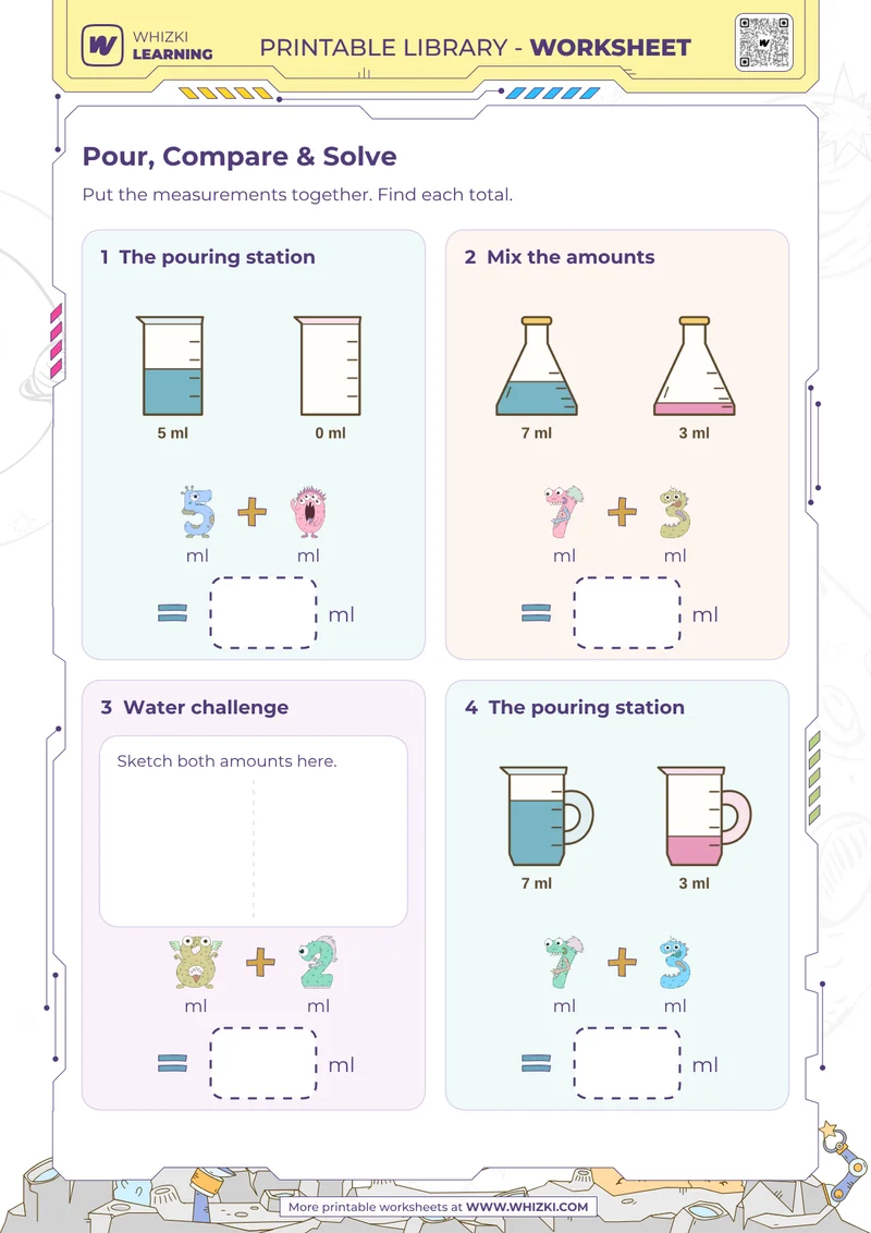 Milliliter Addition Measurement Worksheet