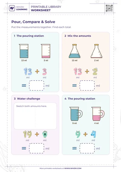 Milliliter Addition Measurement Worksheet
