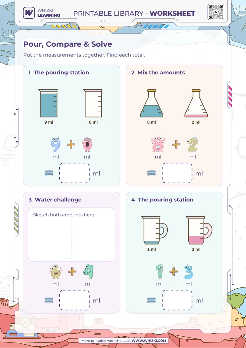 Milliliter Addition Worksheet