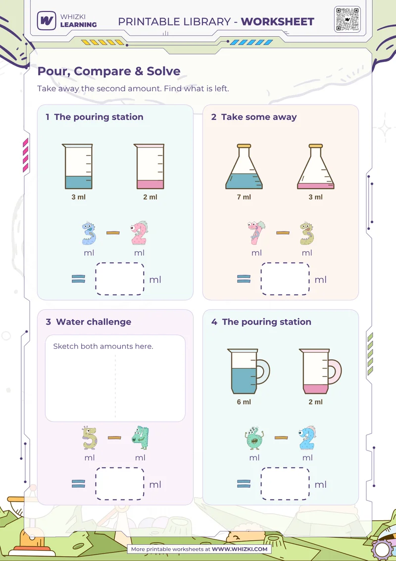Milliliter Measurement Subtraction Worksheet