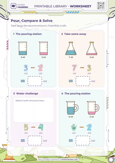Milliliter Measurement Subtraction Worksheet