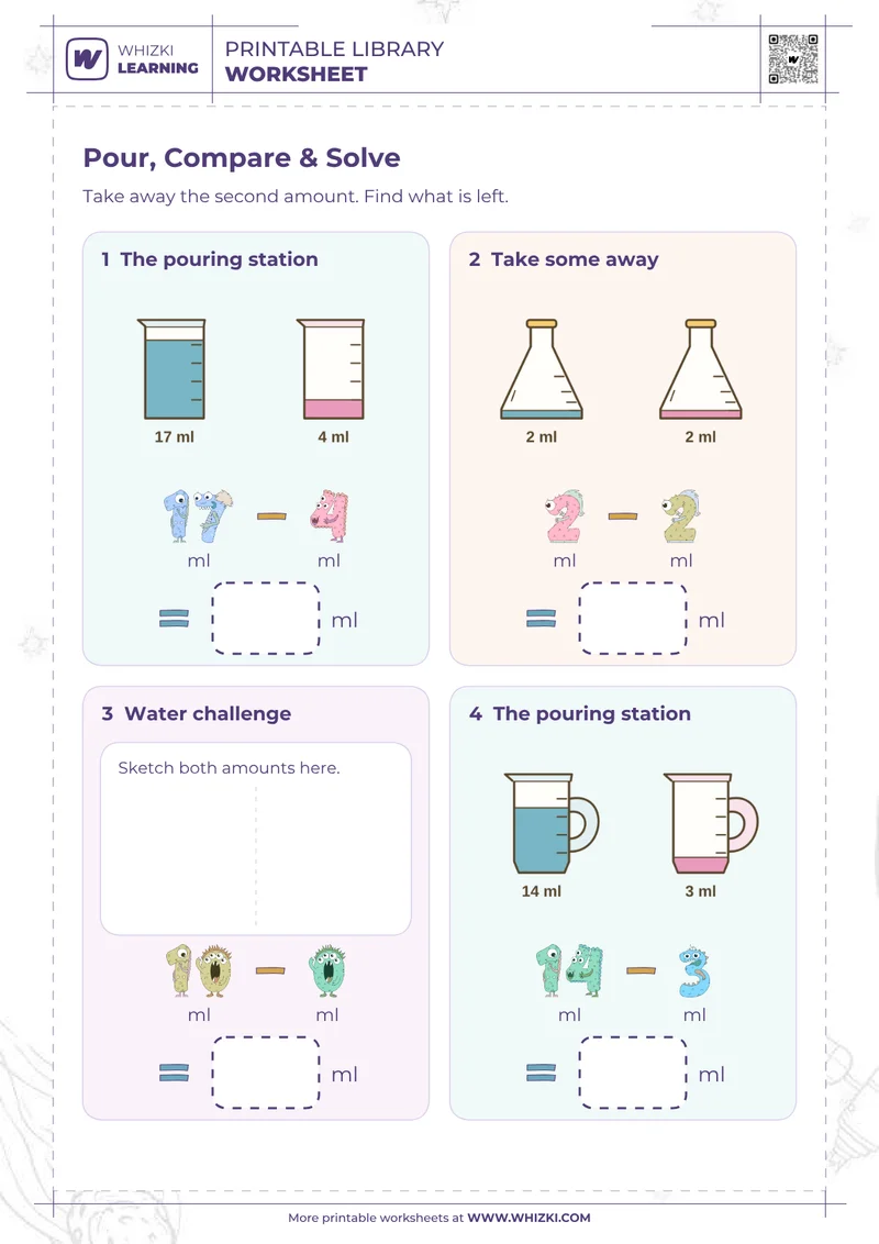Milliliter Subtraction Measurement Worksheet