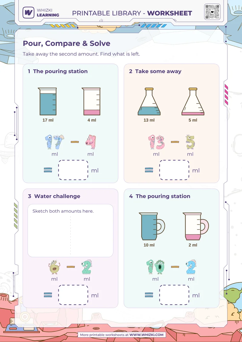 Milliliter Subtraction Measurement Worksheet