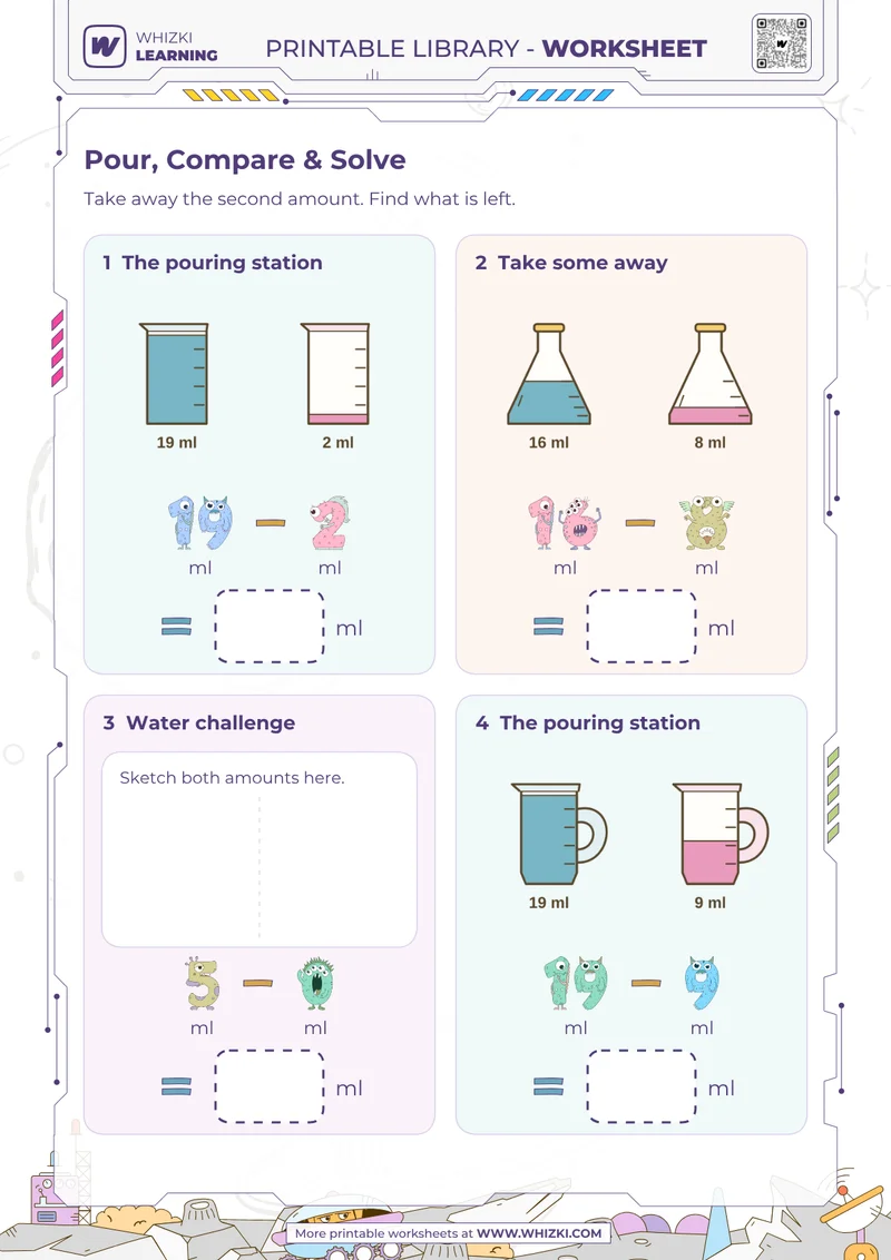 Milliliter Subtraction Measurement Worksheet