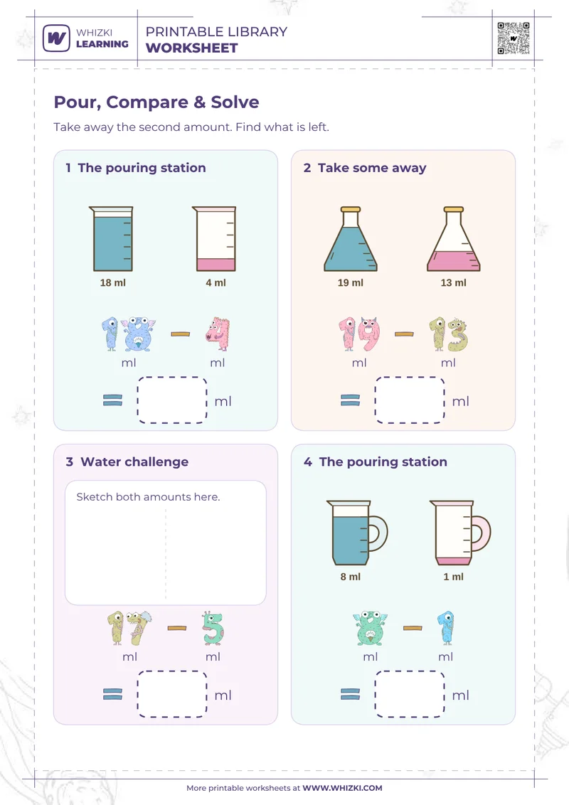 Milliliter Subtraction Measurement Worksheet