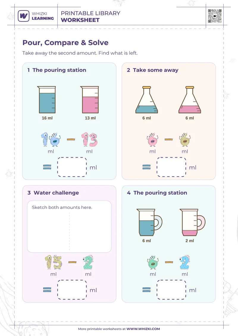 Milliliter Subtraction Measurement Worksheet