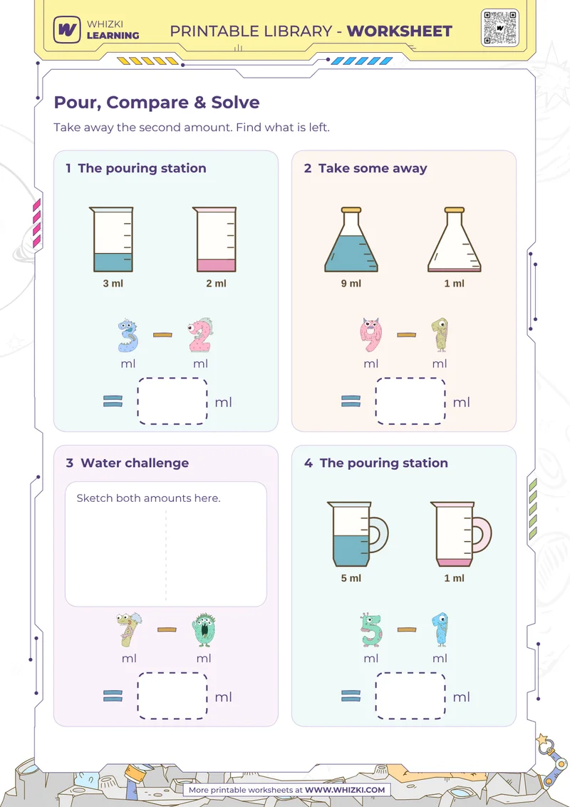 Milliliter Subtraction Worksheet