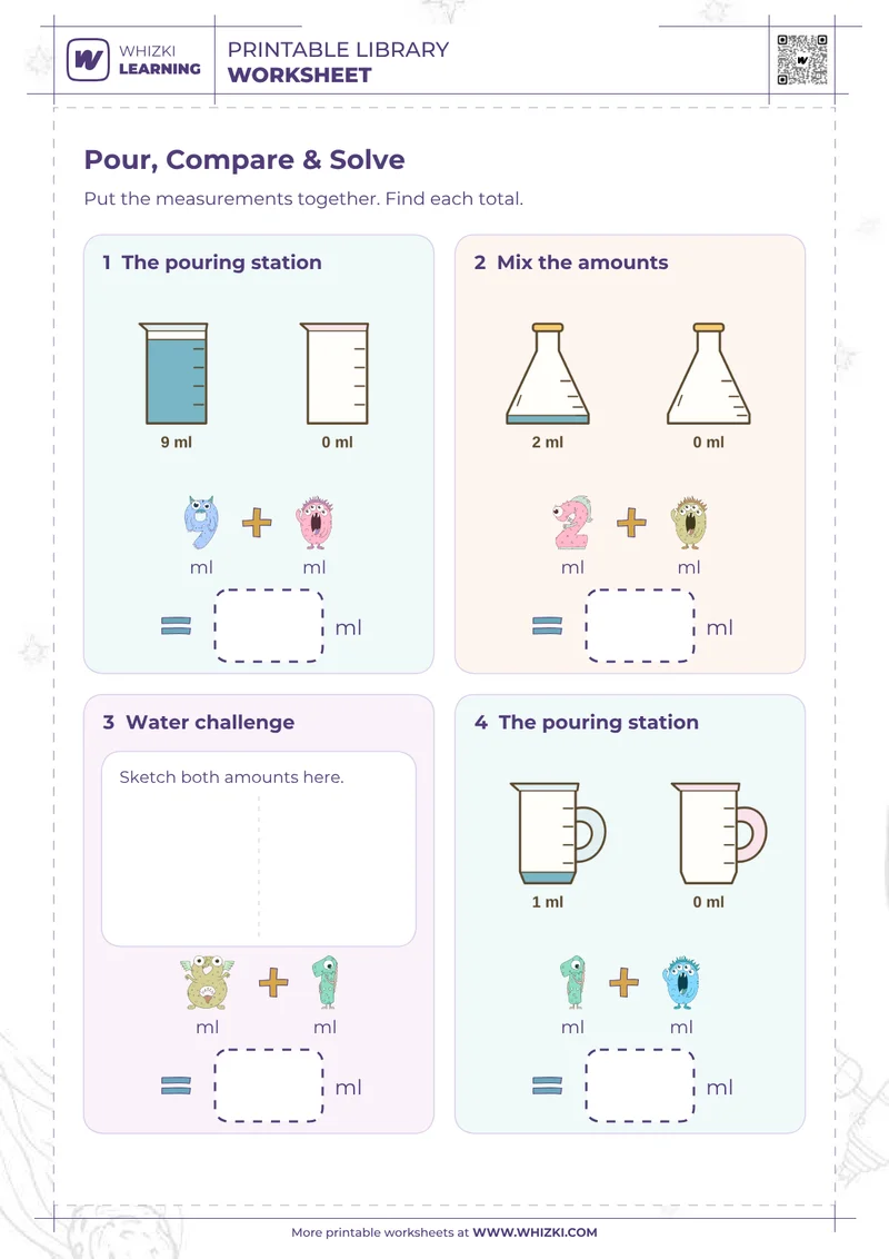 Milliliters Addition Measurement Worksheet