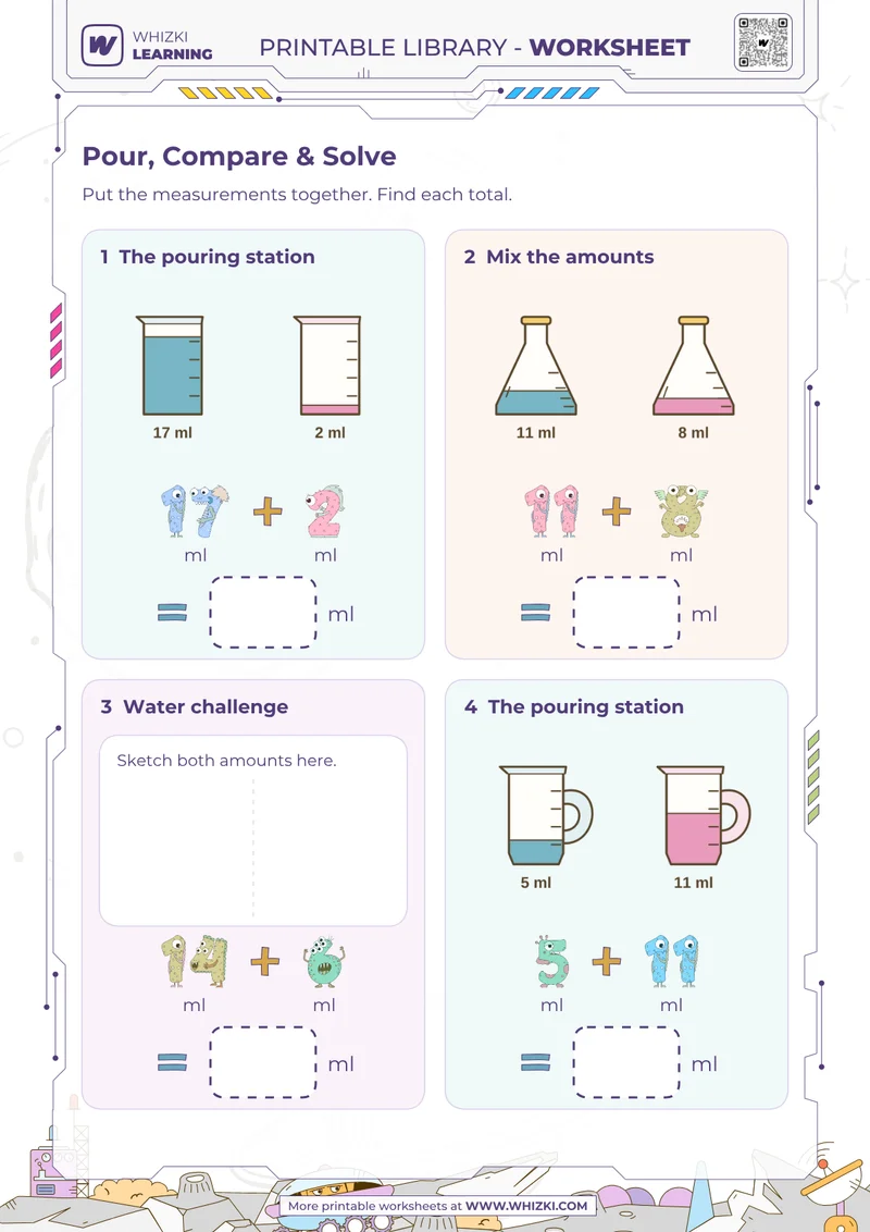 Milliliters Addition Measurement Worksheet