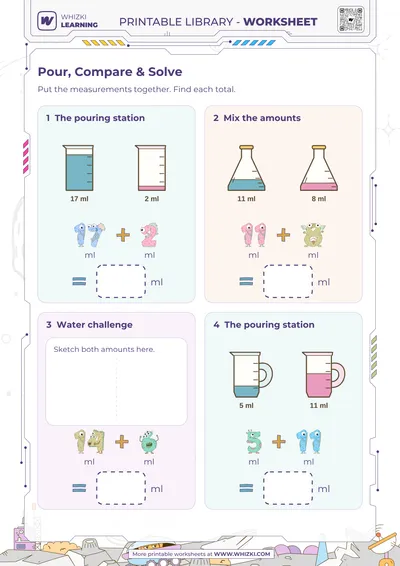 Milliliters Addition Measurement Worksheet