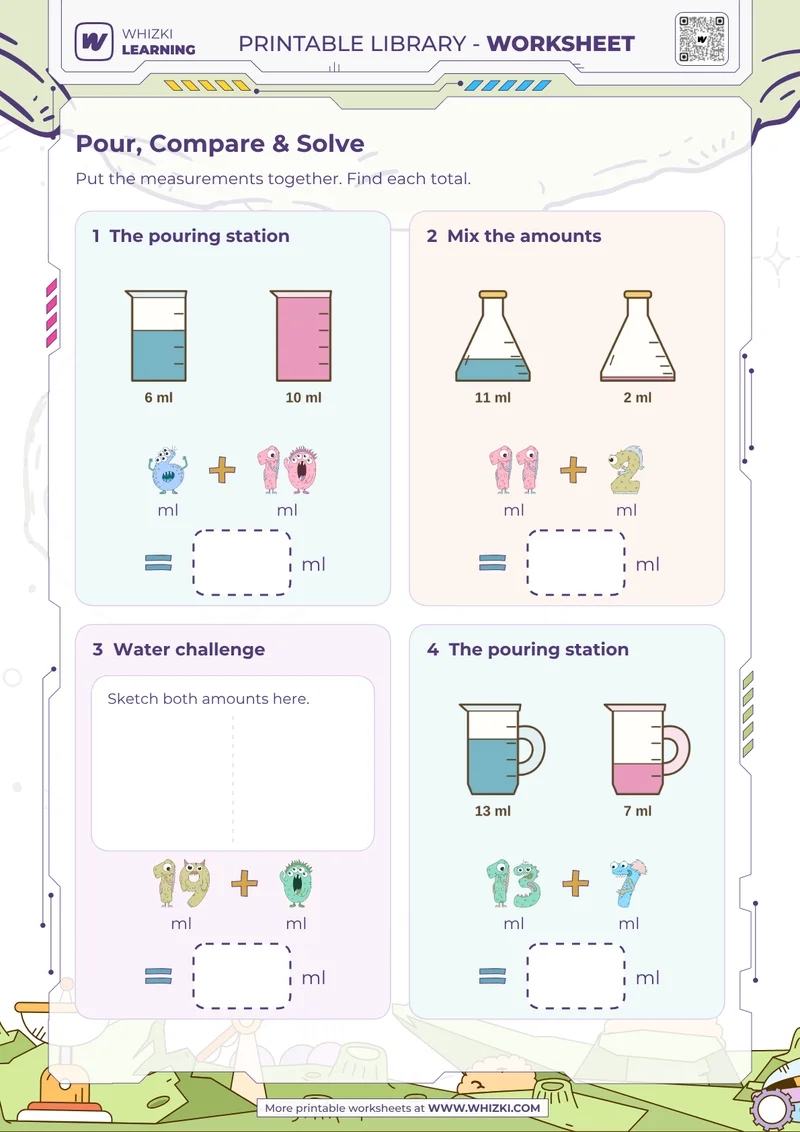 Milliliters Addition Measurement Worksheet