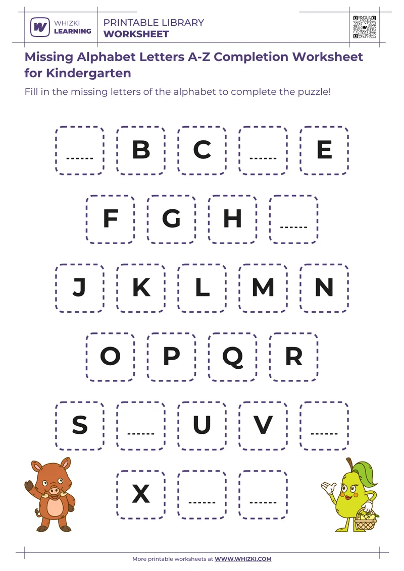 Missing Alphabet Letters A-Z Completion Worksheet for Kindergarten
