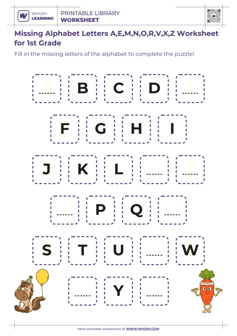 Missing Alphabet Letters A,E,M,N,O,R,V,X,Z Worksheet for 1st Grade