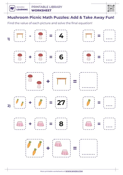 Mushroom Picnic Math Puzzles: Add & Take Away Fun!