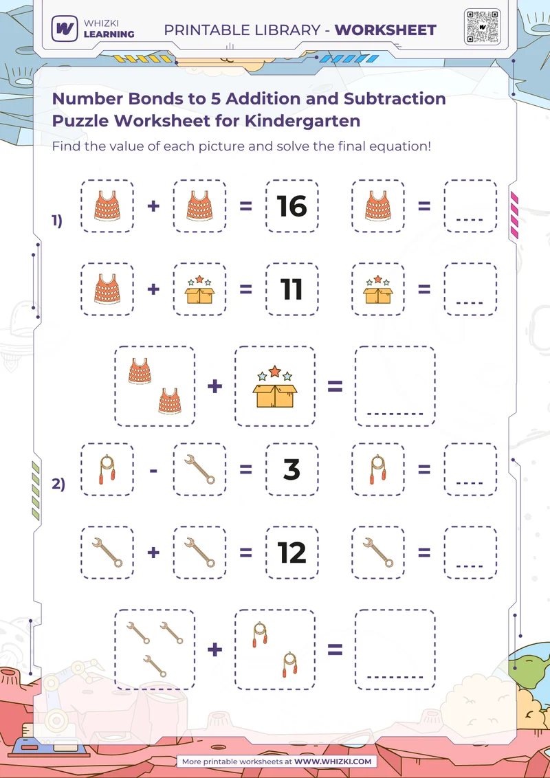 Number Bonds to 5 Addition and Subtraction Puzzle Worksheet for Kindergarten