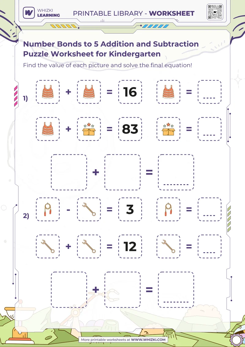 Number Bonds to 5 Addition and Subtraction Puzzle Worksheet for Kindergarten