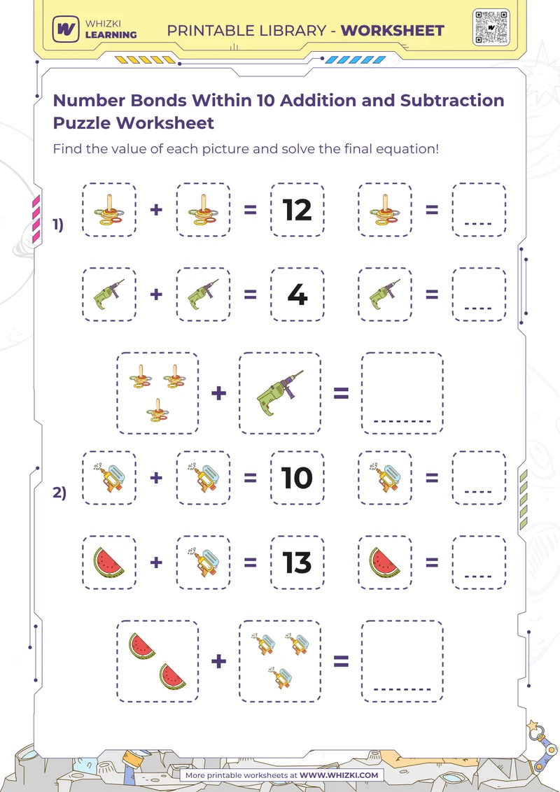 Number Bonds Within 10 Addition and Subtraction Puzzle Worksheet