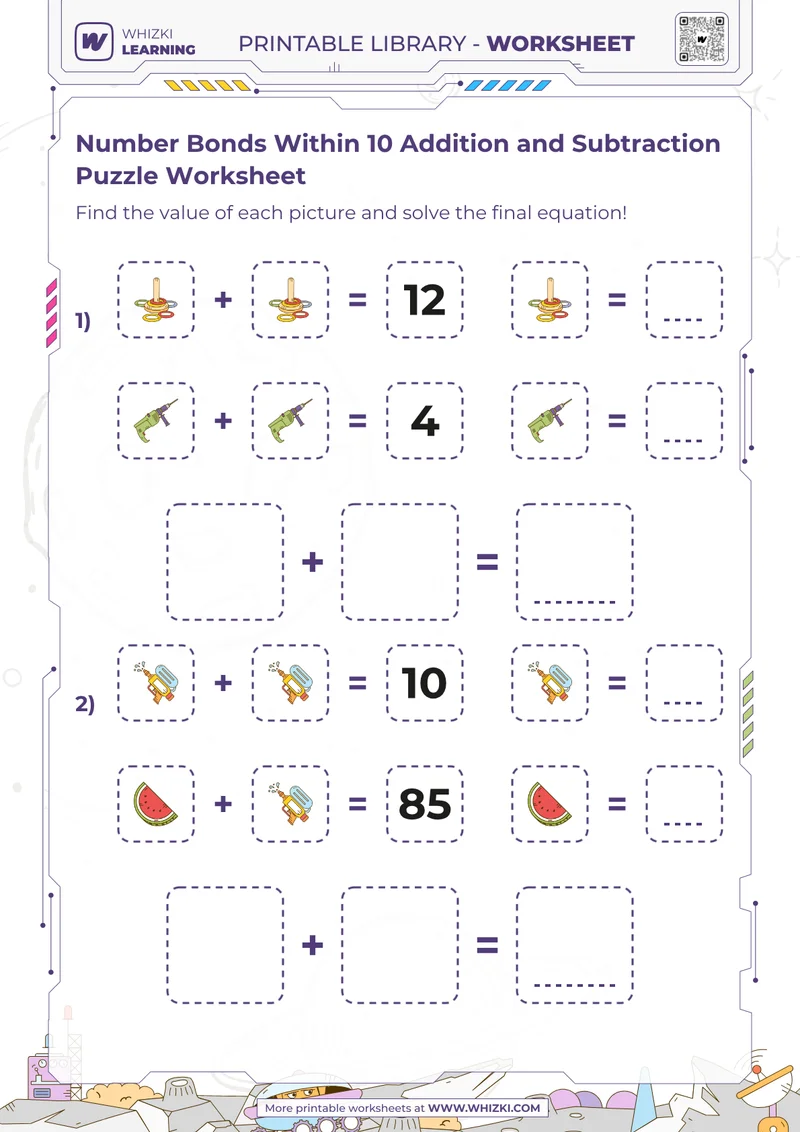 Number Bonds Within 10 Addition and Subtraction Puzzle Worksheet