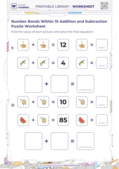 Number Bonds Within 10 Addition and Subtraction Puzzle Worksheet