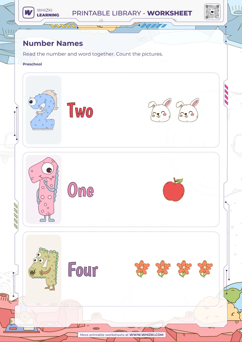 Number Cards One, Two, and Four Worksheet
