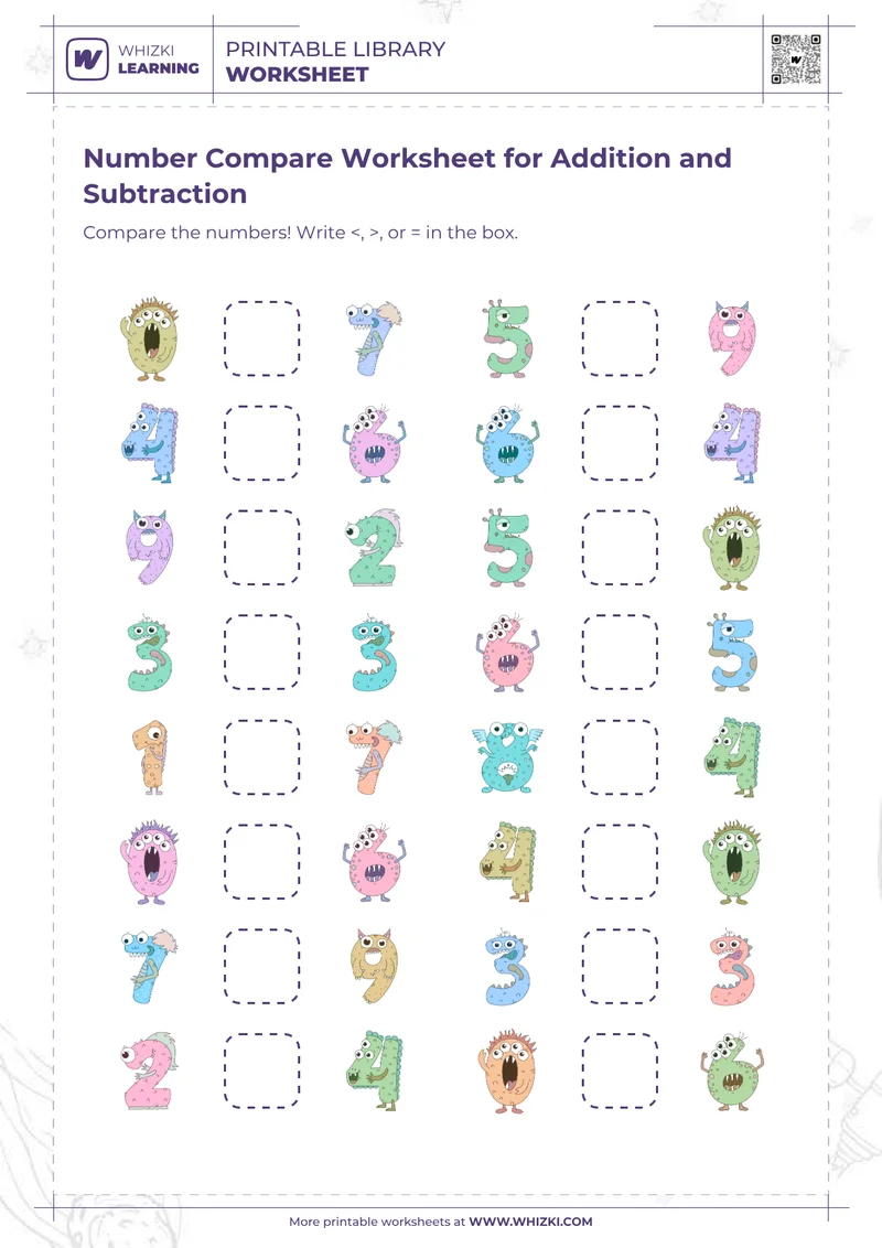 Number Compare Worksheet for Addition and Subtraction