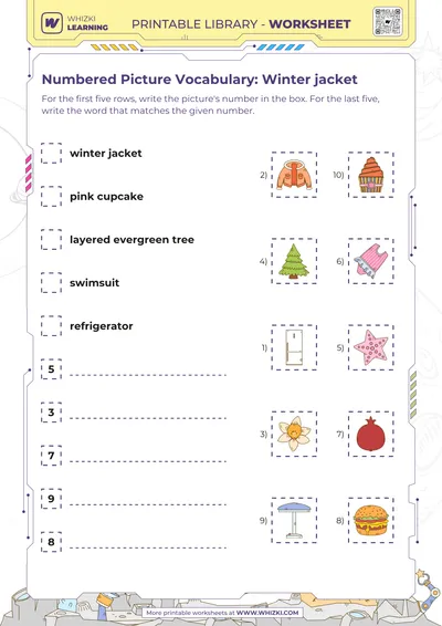 Numbered Picture Vocabulary: Winter jacket