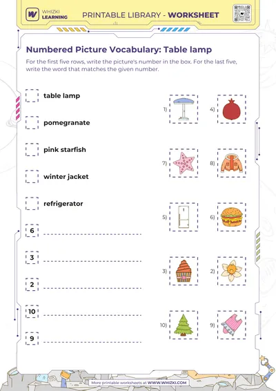 Numbered Picture Vocabulary: Table lamp