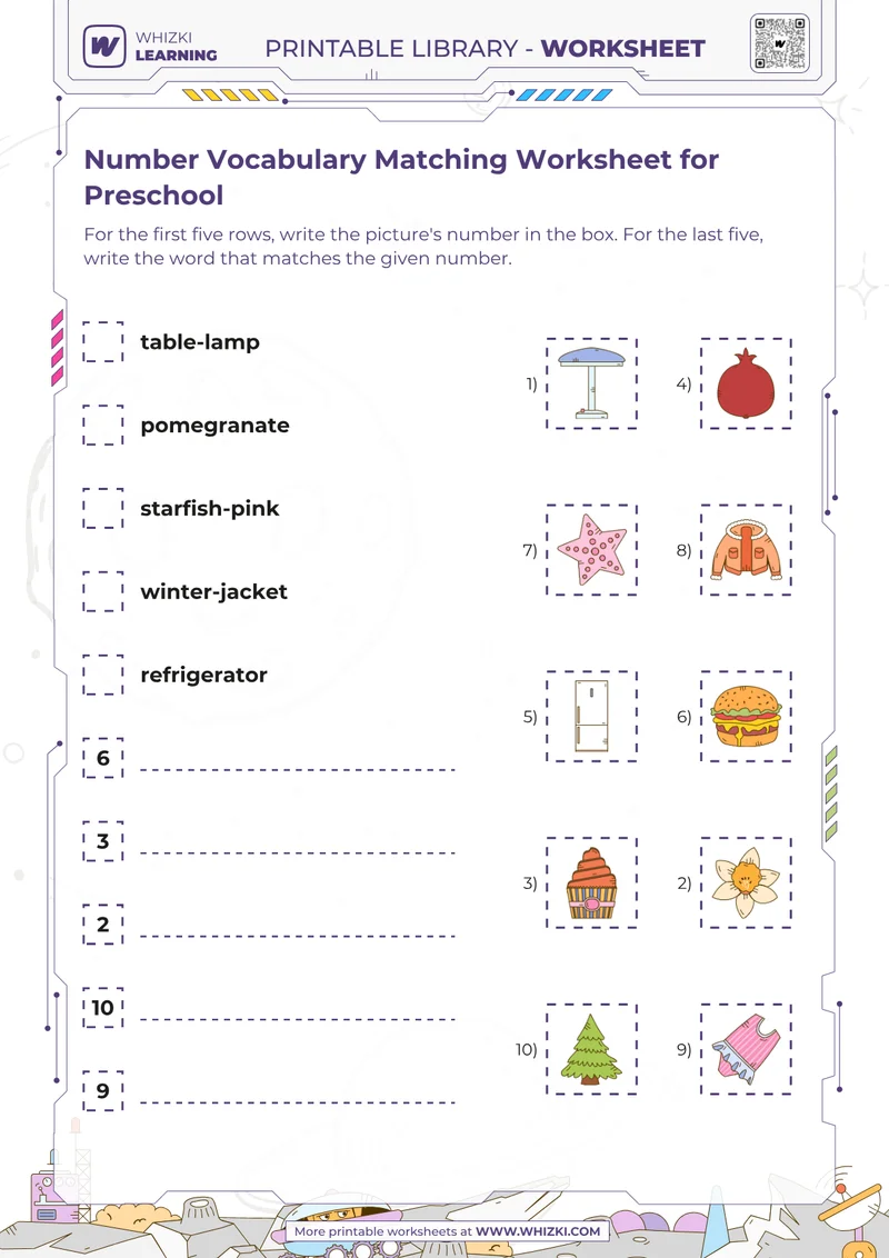 Number Vocabulary Matching Worksheet for Preschool