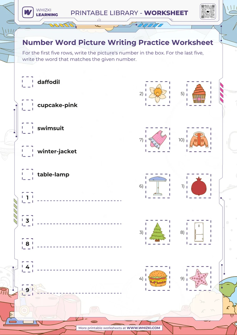 Number Word Picture Writing Practice Worksheet