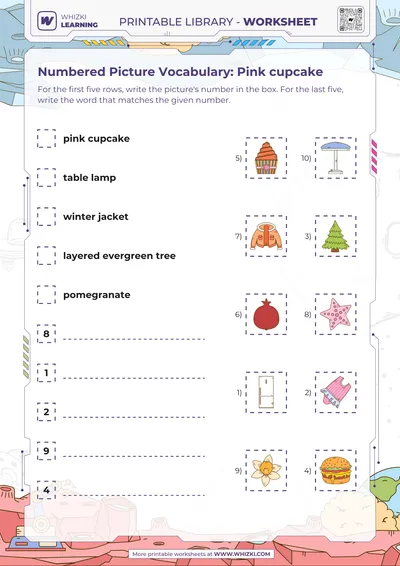 Numbered Picture Vocabulary: Pink cupcake