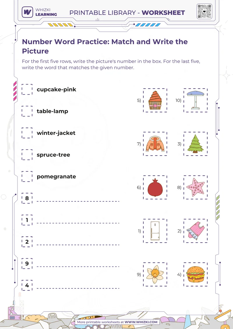 Number Word Practice: Match and Write the Picture