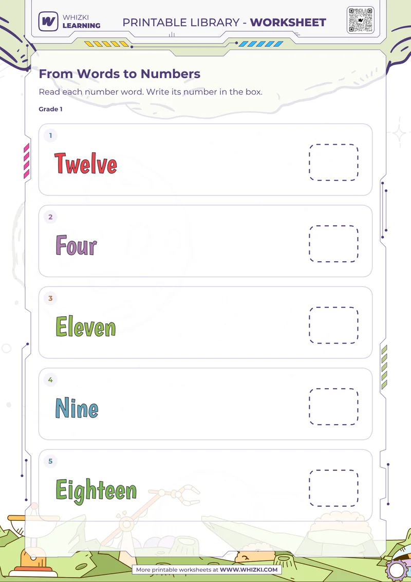 Number Words 4, 9, 11, 12, 18 Worksheet