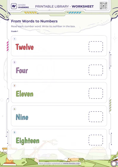 Number Words 4, 9, 11, 12, 18 Worksheet