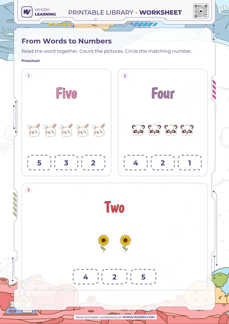 Number Words Five, Four, and Two Worksheet