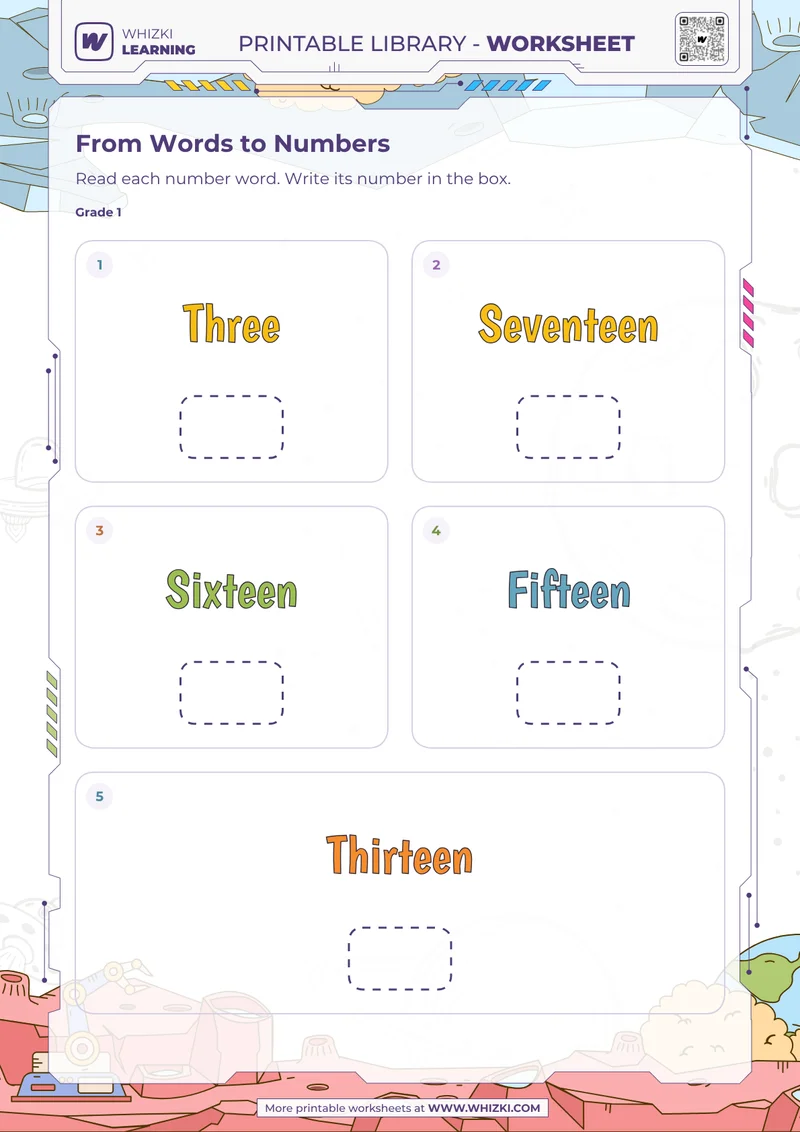 Number Words to Numerals Worksheet for 3, 13, 15, 16, 17