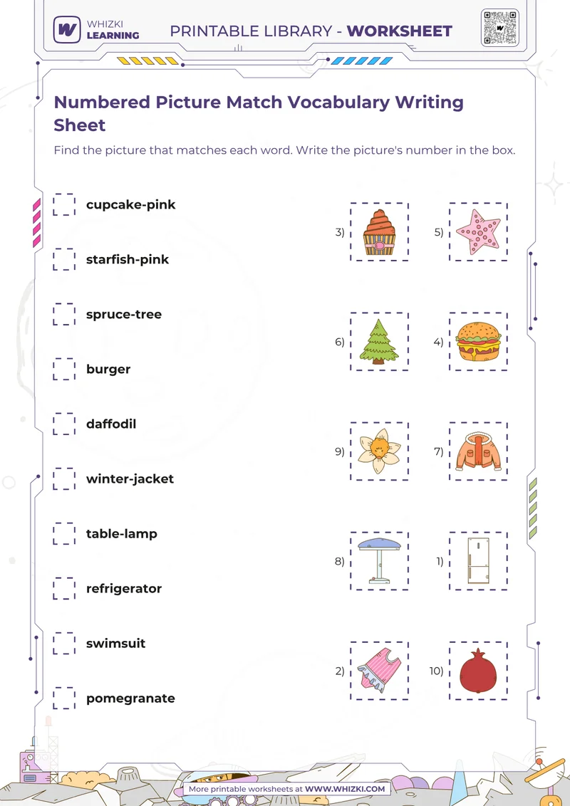 Numbered Picture Match Vocabulary Writing Sheet