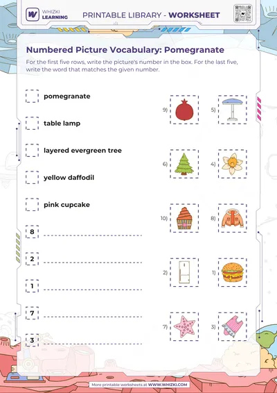 Numbered Picture Vocabulary: Pomegranate