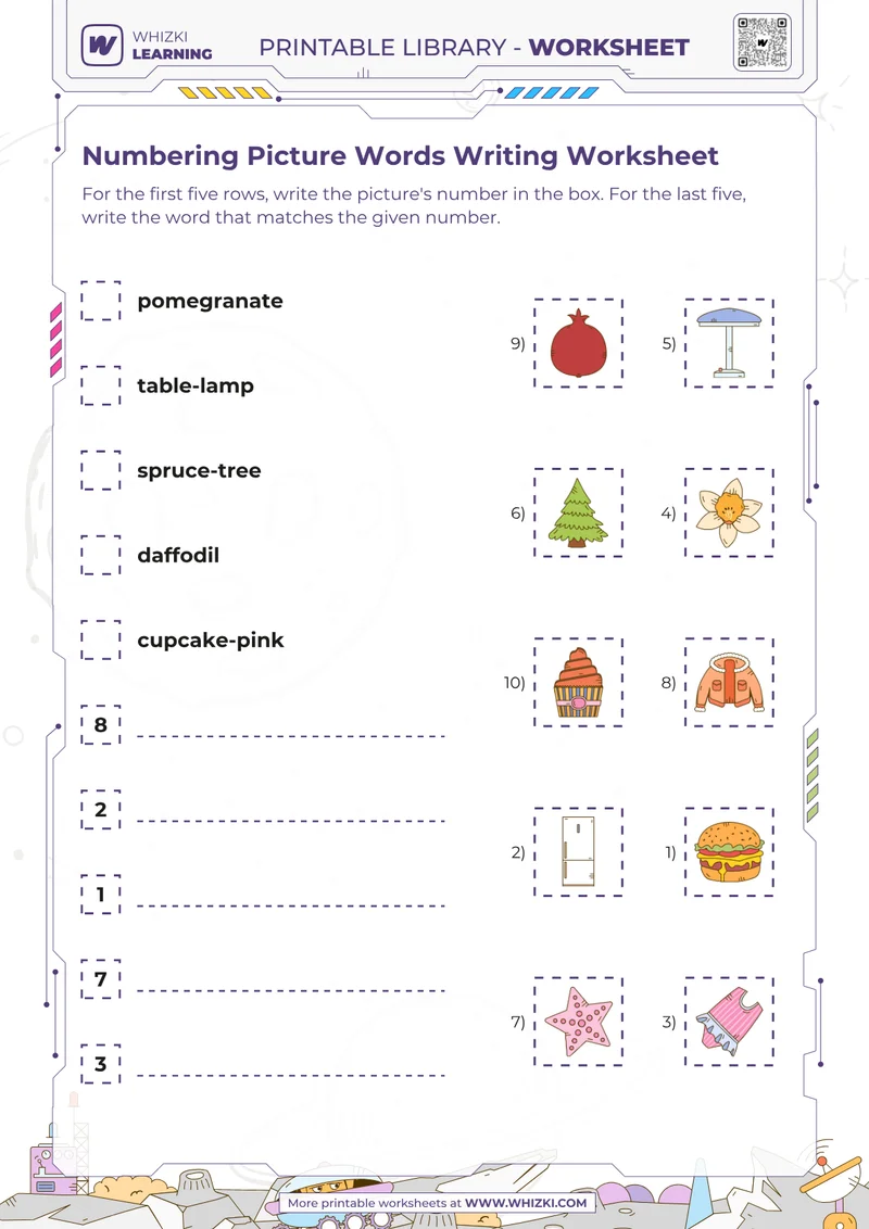 Numbering Picture Words Writing Worksheet