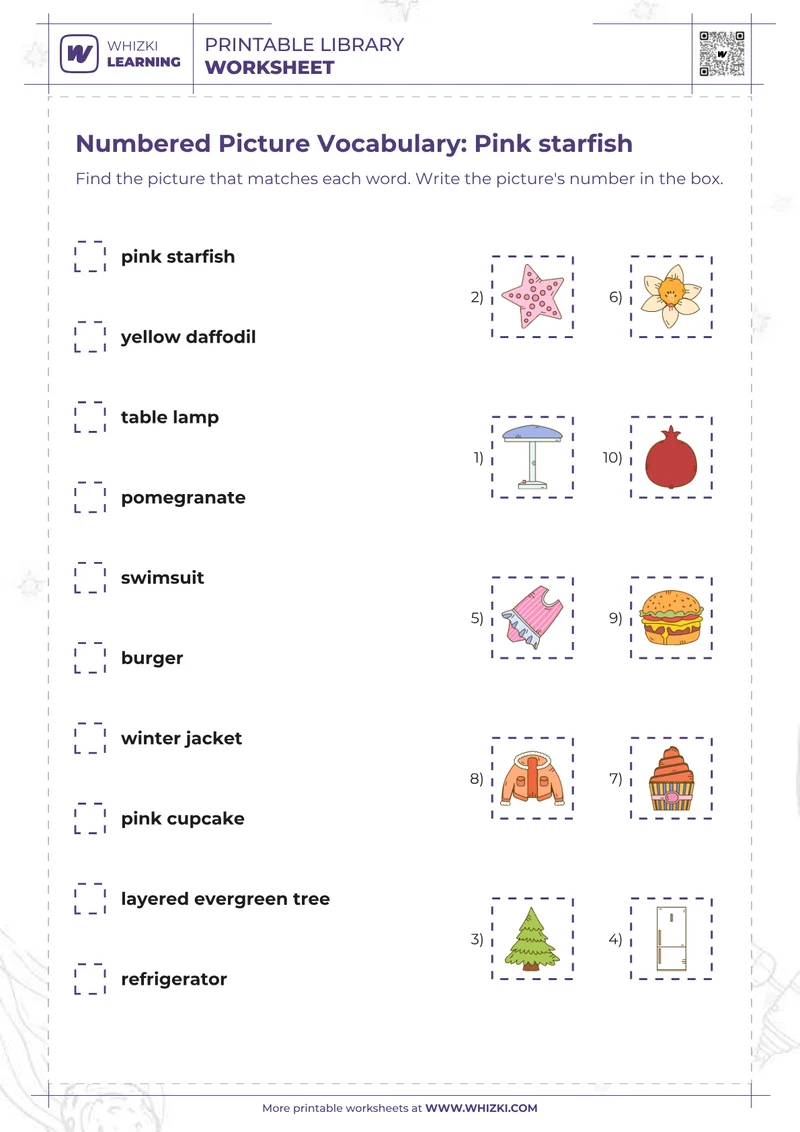 Numbered Picture Vocabulary: Pink starfish