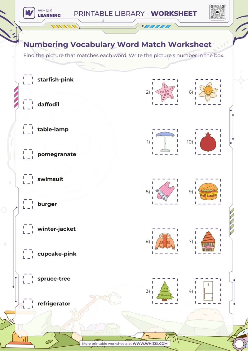 Numbering Vocabulary Word Match Worksheet