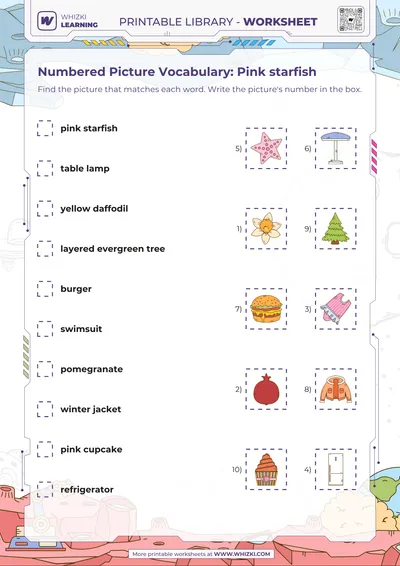 Numbered Picture Vocabulary: Pink starfish